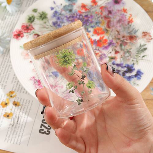 花朵PET透明无白边玻璃瓶子贴纸