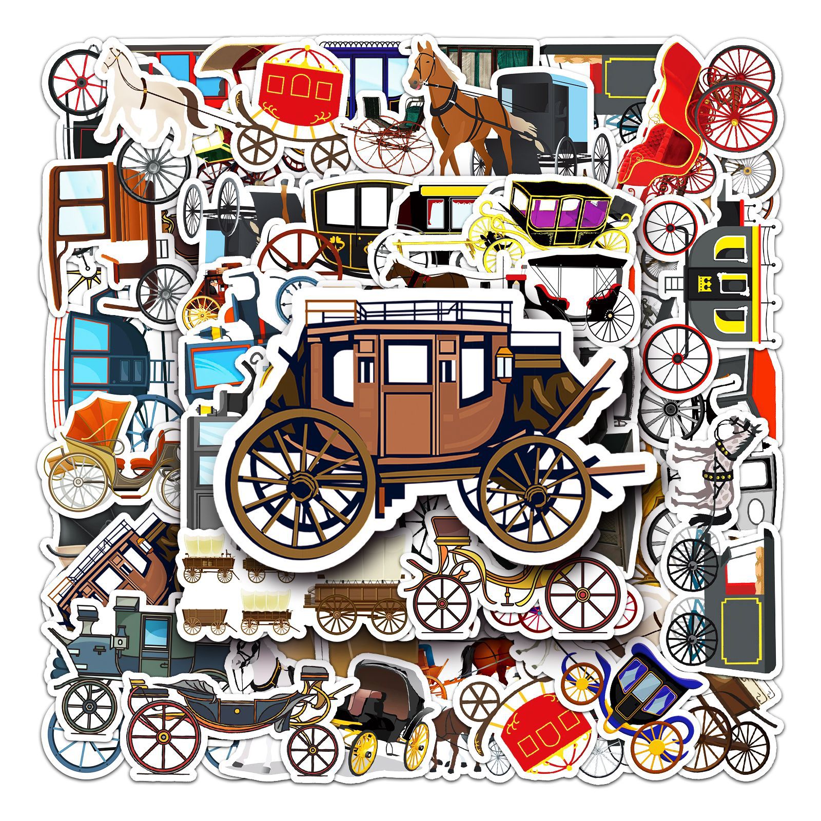 50张卡通复古马车涂鸦贴纸汽车行李箱平衡车电动车头盔笔记本手帐电脑