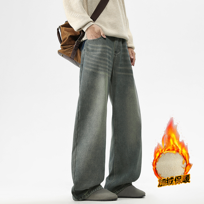 冬季加绒加厚男士弯刀阔腿牛仔裤