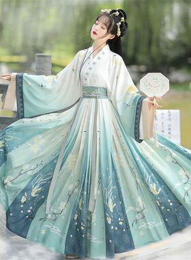 仙侠风绿色魏晋制汉服女国风交领齐腰襦裙夏春秋款印花套装轻薄