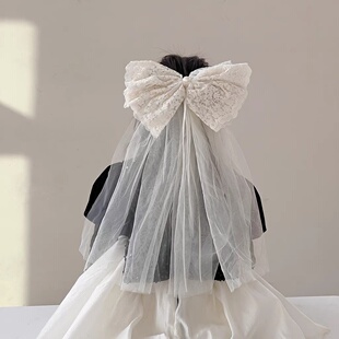 2025超仙白色蕾丝女童头纱发夹高级氛围感珍珠蝴蝶结女生生日头饰