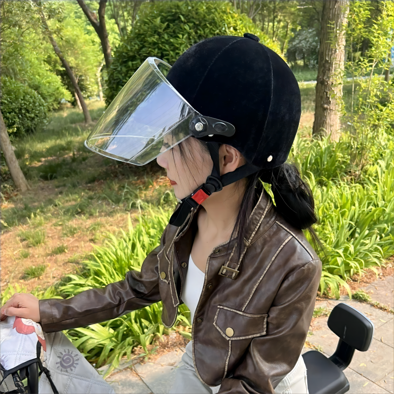 马术骑马头盔摩托电动车户外防护防紫外线镜丝绒秋冬春夏女布半盔