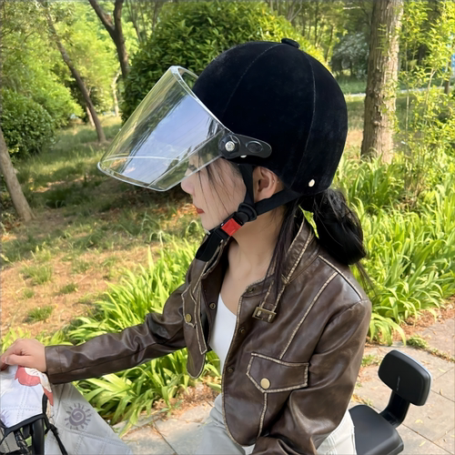 马术骑马头盔摩托电动车户外防护防紫外线镜丝绒秋冬春夏女布半盔