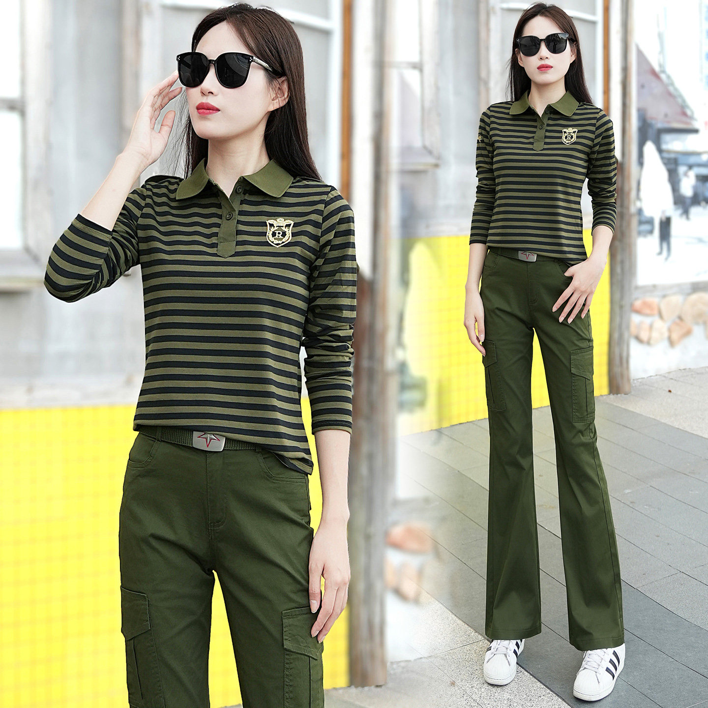 正品春秋新品长袖条纹大码迷彩服套装女士休闲运动微喇裤长裤修身