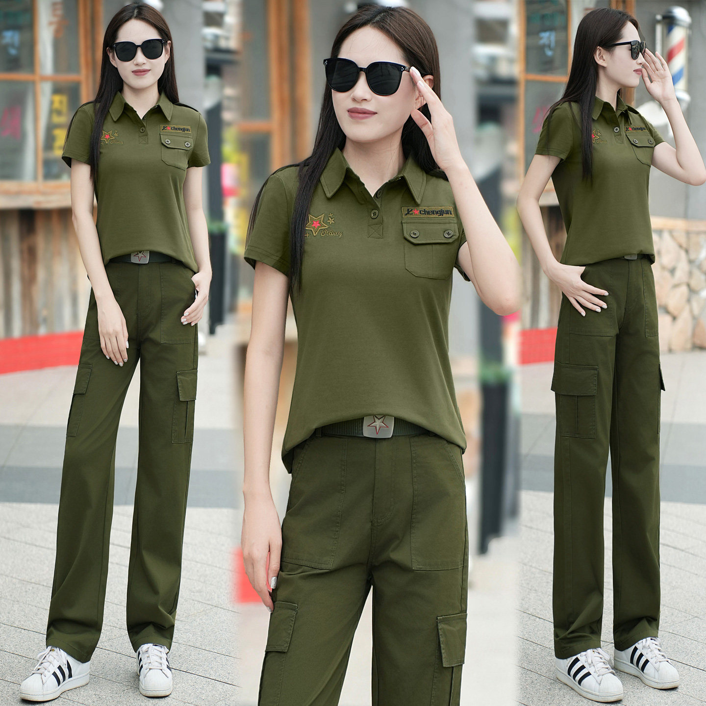 迷彩服短袖夏季套装女士军迷工装两件套翻领条纹大码水兵舞服饰潮