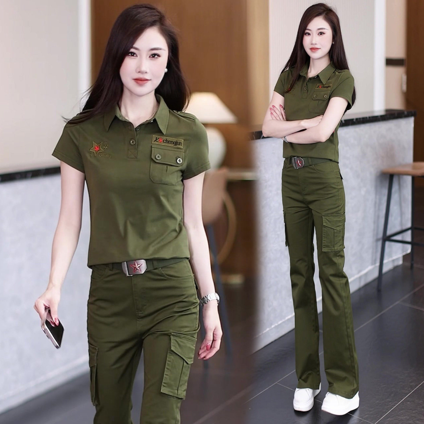 迷彩服工装套装女款大码微喇裤
