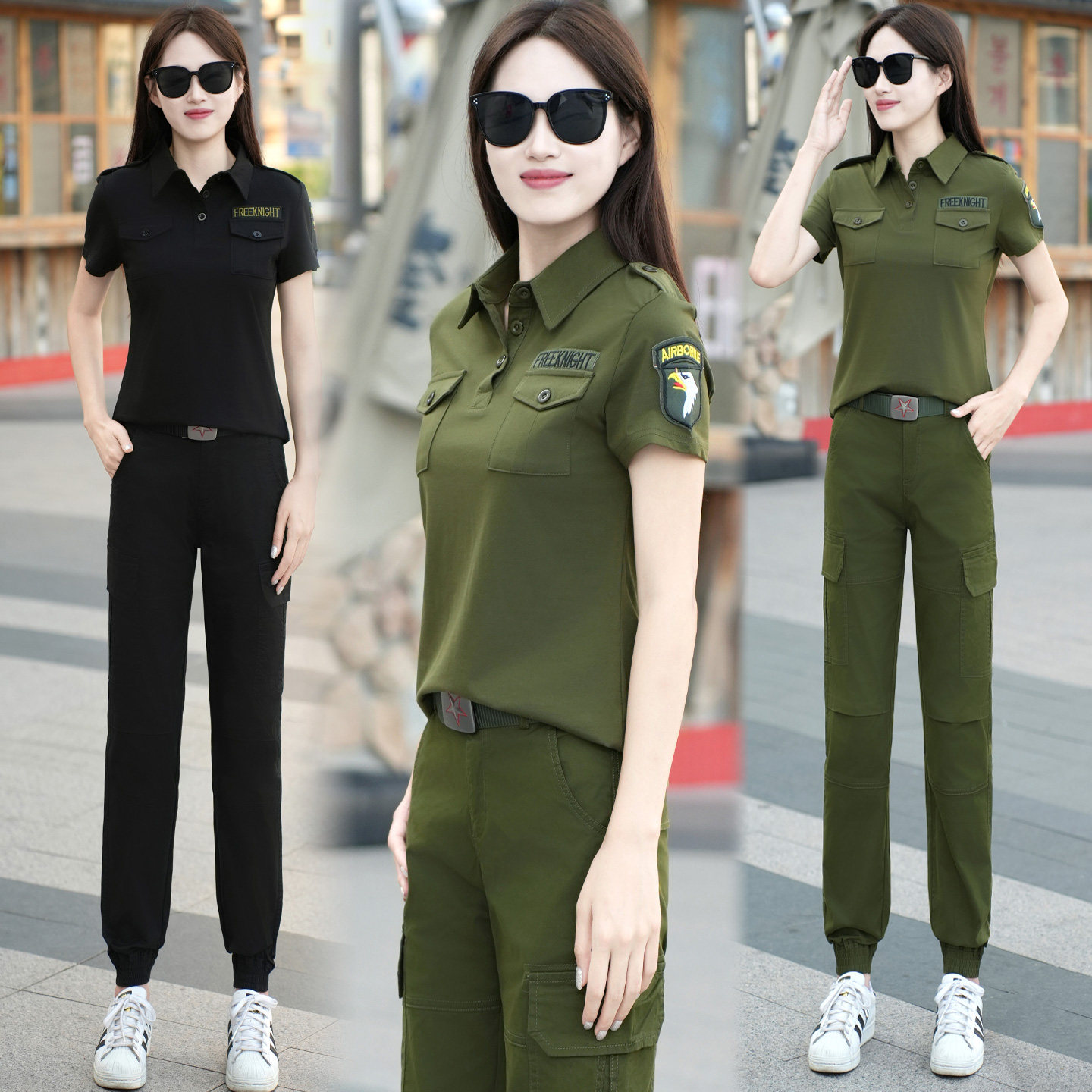 鹰头翻领多口袋工装迷彩服女士套装水兵舞服演出服束脚裤酷飒风潮