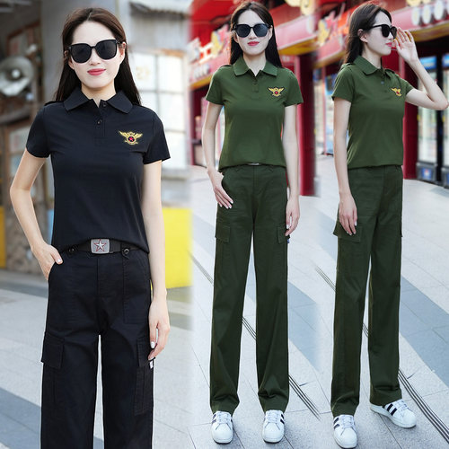 迷彩服套装女夏季新款直筒裤多口袋广场舞演出服大码休闲显瘦潮流