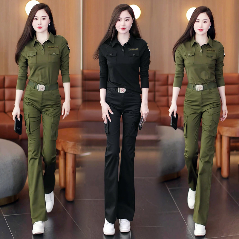 迷彩服套装女长袖t恤春秋新款时尚休闲水兵舞服显瘦长裤两件套潮