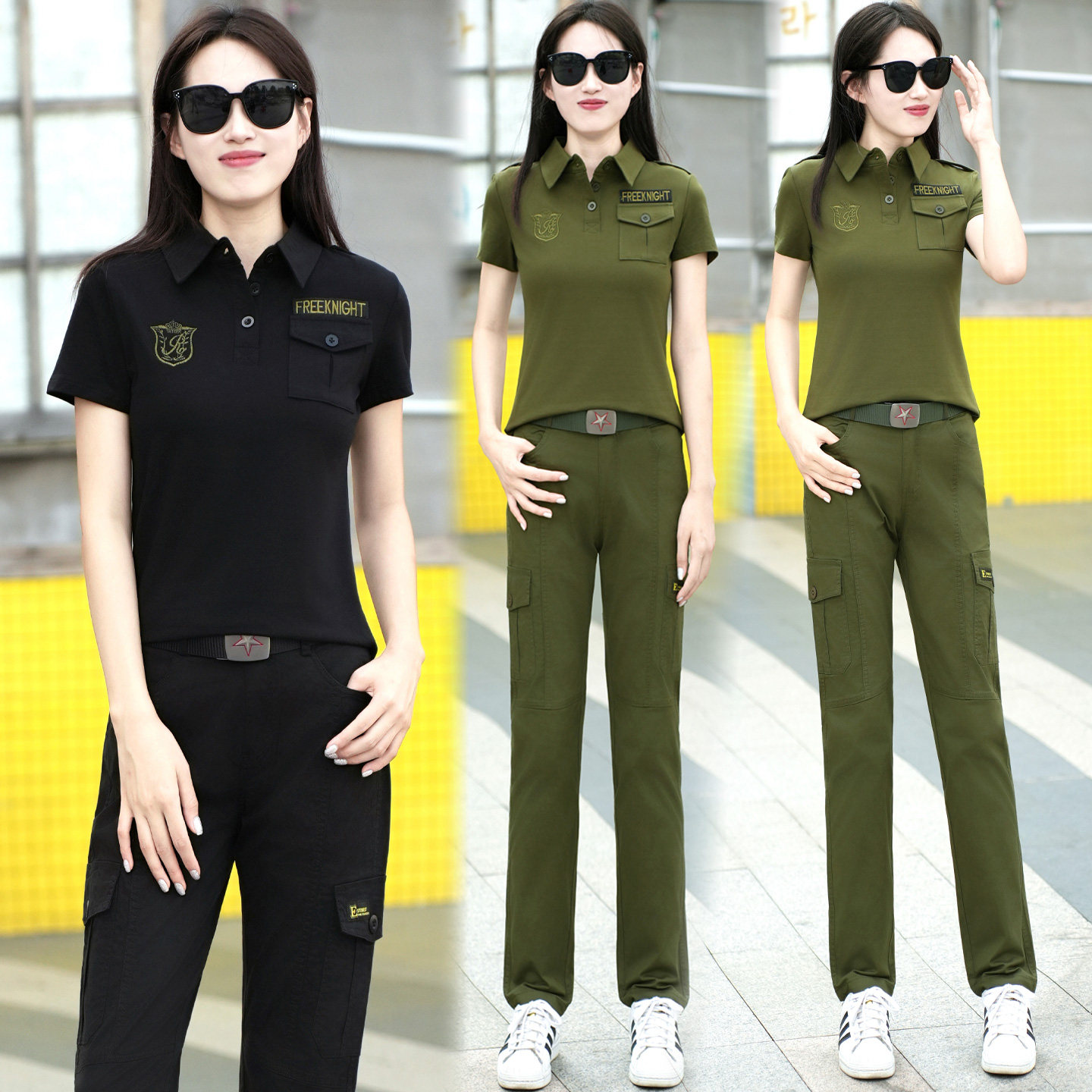 夏棉质短袖t恤套装女迷彩POLO衫半袖工装裤两件套高级感正肩时尚