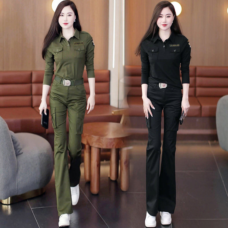 军旅风长袖迷彩服套装女大码