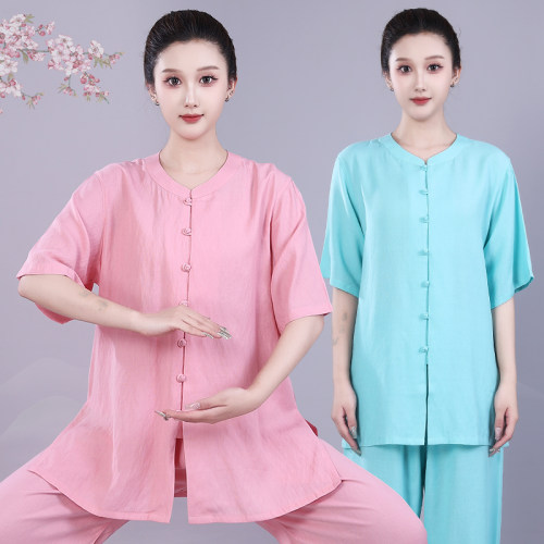 夏季薄款棉麻短袖太极拳服女新品练功服团体比赛服装男武术八段锦