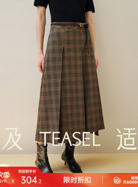 TEASEL「复古腔调」秋冬氛围感复古格纹不规则抗皱中长款半身裙