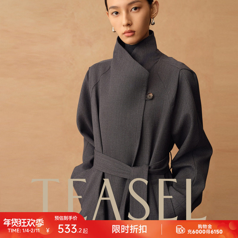 TEASEL「罗伊斯湖畔」露珠羊毛肌理两穿大气翻领系带长款风衣外套,女装/女士精品,风衣,淘宝优惠券,粉丝福利购,淘宝优惠卷