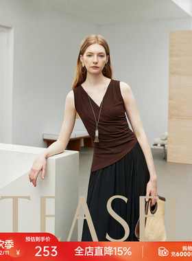 TEASEL「随型赋美」兰精天丝醋酸混纺交叠褶皱V领显瘦飘带上衣