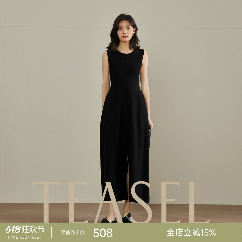 TEASEL「针织就是力量」48支可机洗赫本风花苞阔摆羊毛针织小黑裙