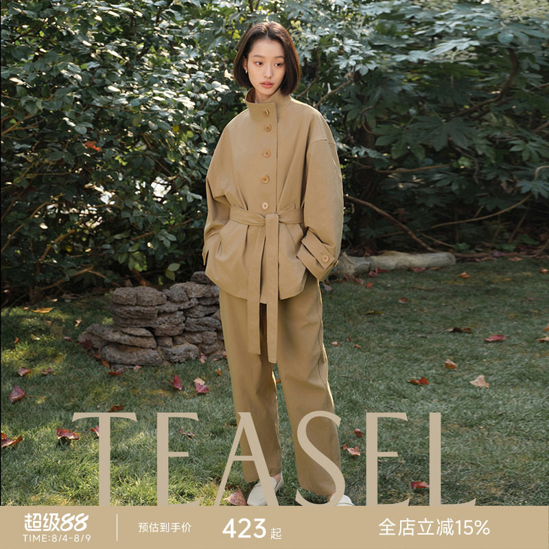 董生活同款 TEASEL帝人面料舒柔特水洗棉感立领松弛短款风衣/裤子 - 实物图