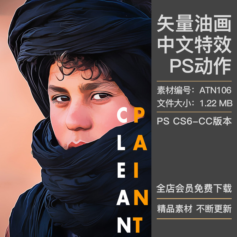 人像照片图片转逼真手绘油画矢量绘画效果中文特效PS动作插件素材
