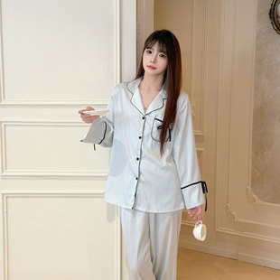 【灰眠日记】冰丝睡衣女夏季开衫翻领条纹系带高级感家居服可外穿
