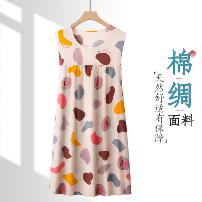 棉绸睡裙夏季新款妈妈睡衣中长款无袖连衣裙人造棉家居服薄款宽松