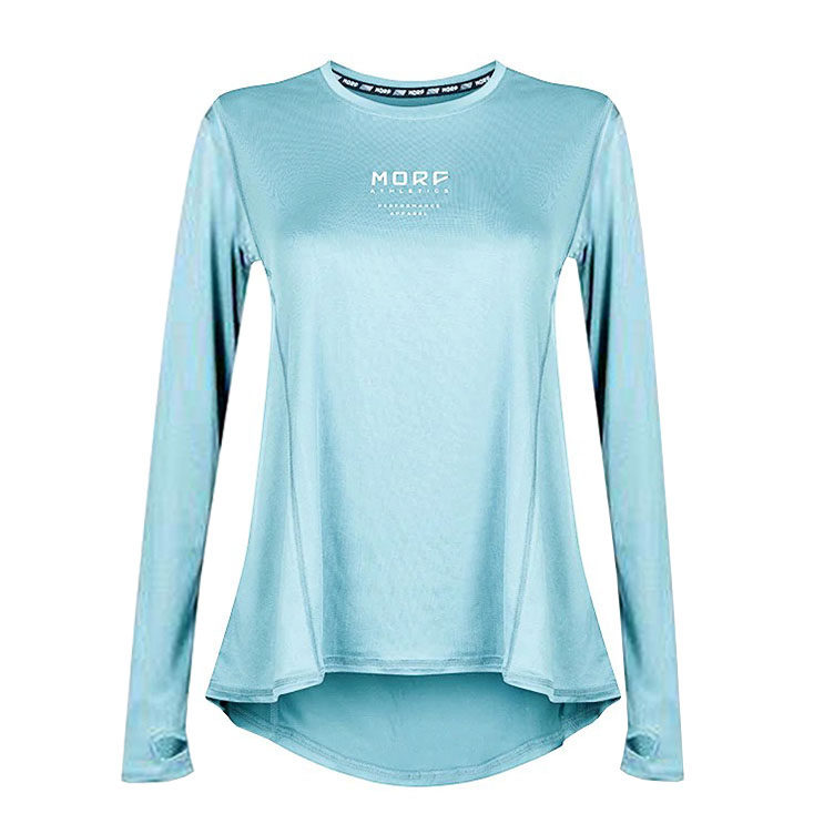 外贸女士运动t恤 长袖宽松跑步上衣速干透气弹力春秋薄荧光黄蓝色