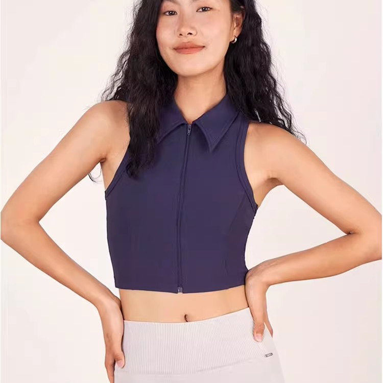 运动女装瑜伽含胸垫背心 短款翻领罗纹工字背深蓝色健身速干跑步