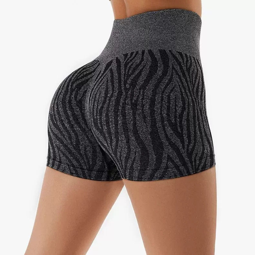 外贸女子高腰斑马纹欧美健身速干蜜桃臀三分运动紧身高弹瑜伽短裤