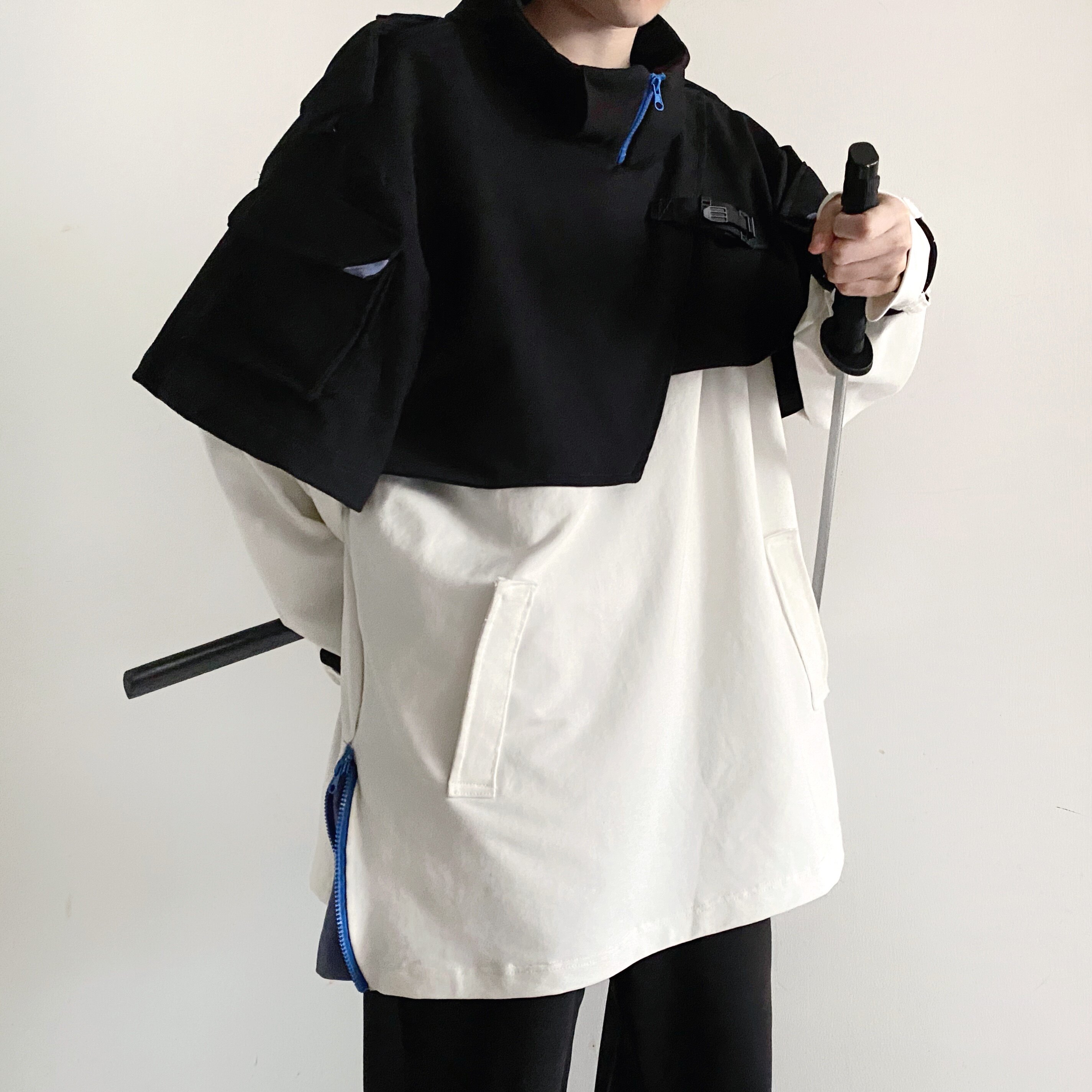 未来入侵 原创小众 黑白卫衣 宽松 中长款 春季 机能i风 薄款