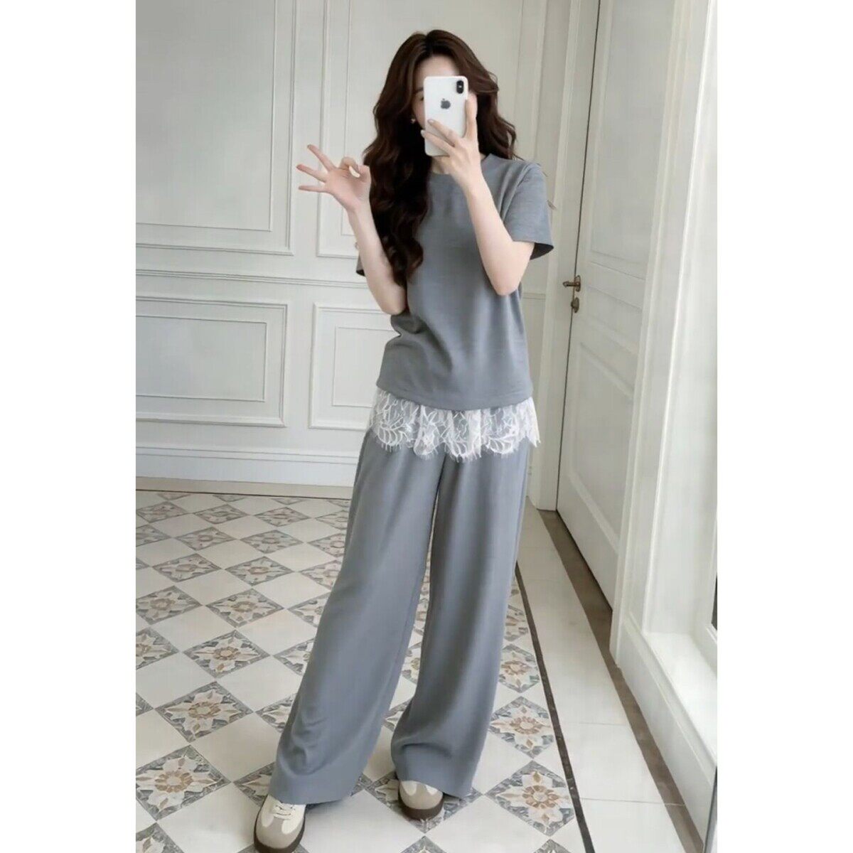 韩系巨好看穿搭一整套2026新款灰色短袖上衣女夏季阔腿裤两件套装
