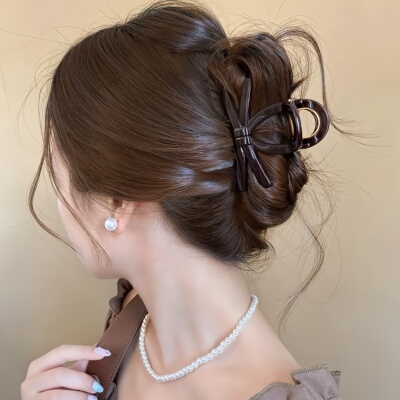 欧茉巧克力色蝴蝶结鲨鱼夹新款