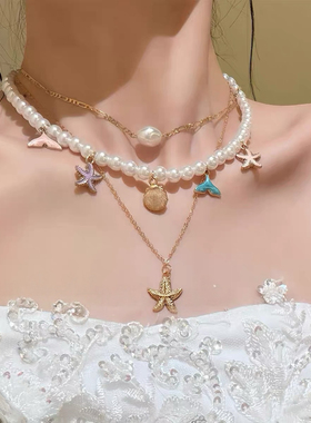 度假风金色多层贝壳串珠项链女海边沙滩度假配饰锁骨链颈链高级感