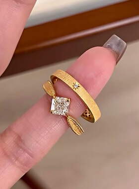 拉丝方糖锆石戒指女小众设计高级感轻奢开口可调节中古叠戴指环潮