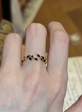 Vintage古着 黑金麦穗戒指女小众设计轻奢高级感食指戒开口可调节