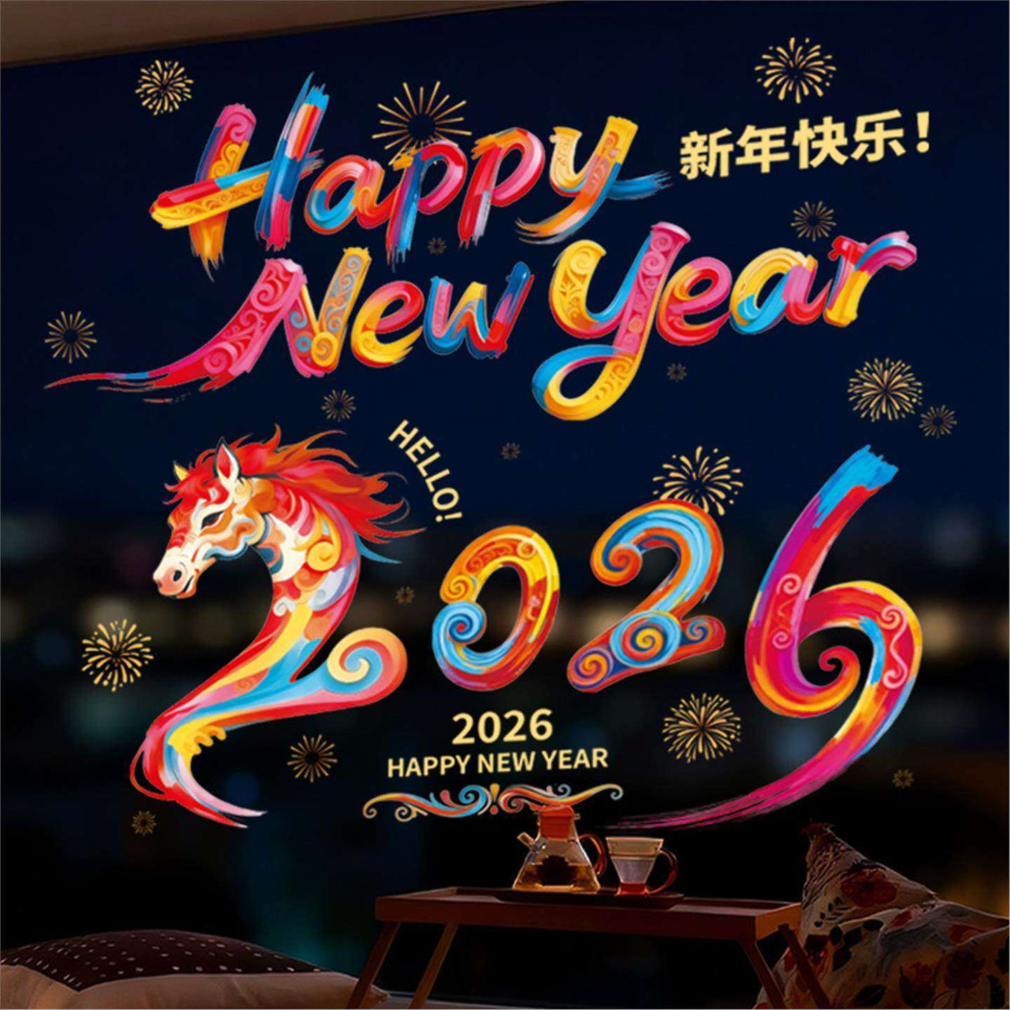 2026马年玻璃贴新年窗户静电贴纸多巴胺窗花窗贴春节过年福字装饰