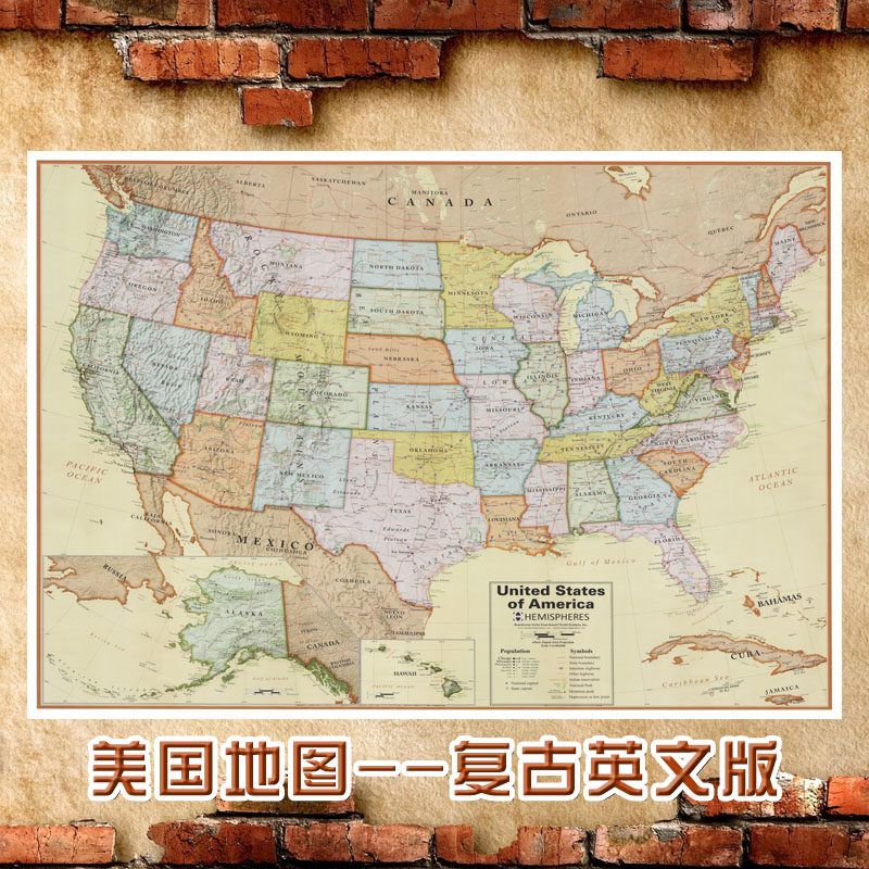 2023美国地图复古英文版超大墙贴办公室现代装饰画无框沙发油画布