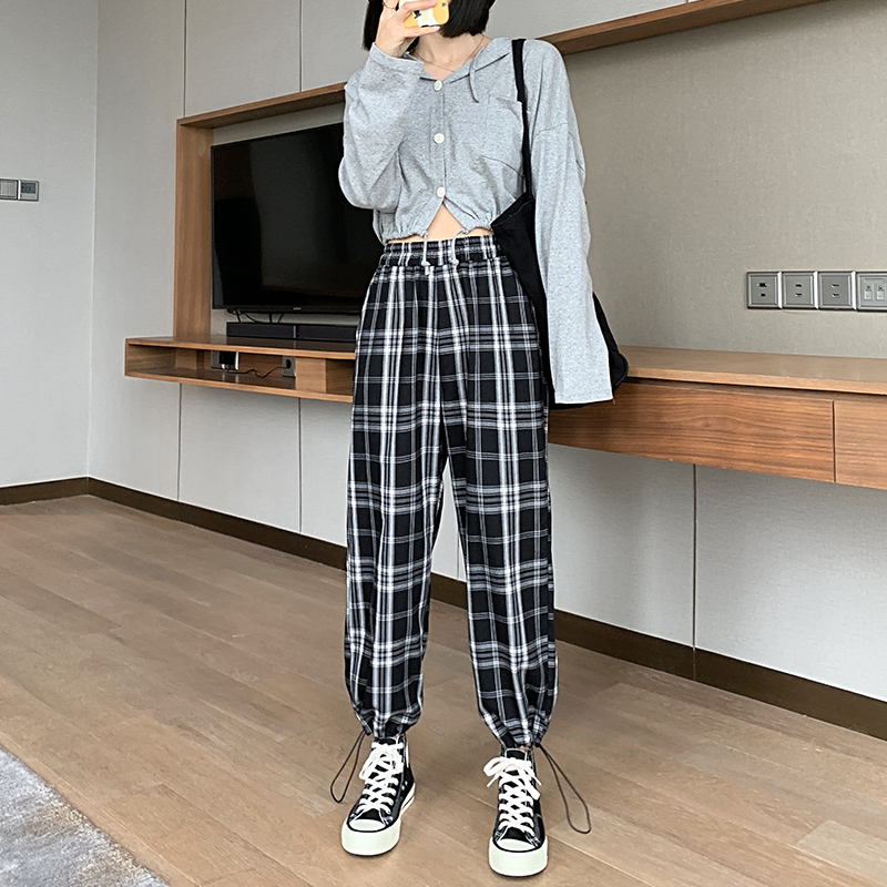 格子裤女宽松直筒垂感高腰年新款春秋显瘦束脚百搭休闲阔腿裤