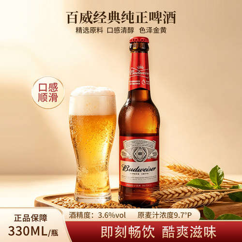 百威啤酒 经典醇正啤酒小玻璃瓶黄啤酒330ml瓶装整箱国产行货拉格