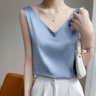 缎面醋酸v领仿真丝滑外穿上衣 白色打底衫 吊带背心女内搭夏季 西装