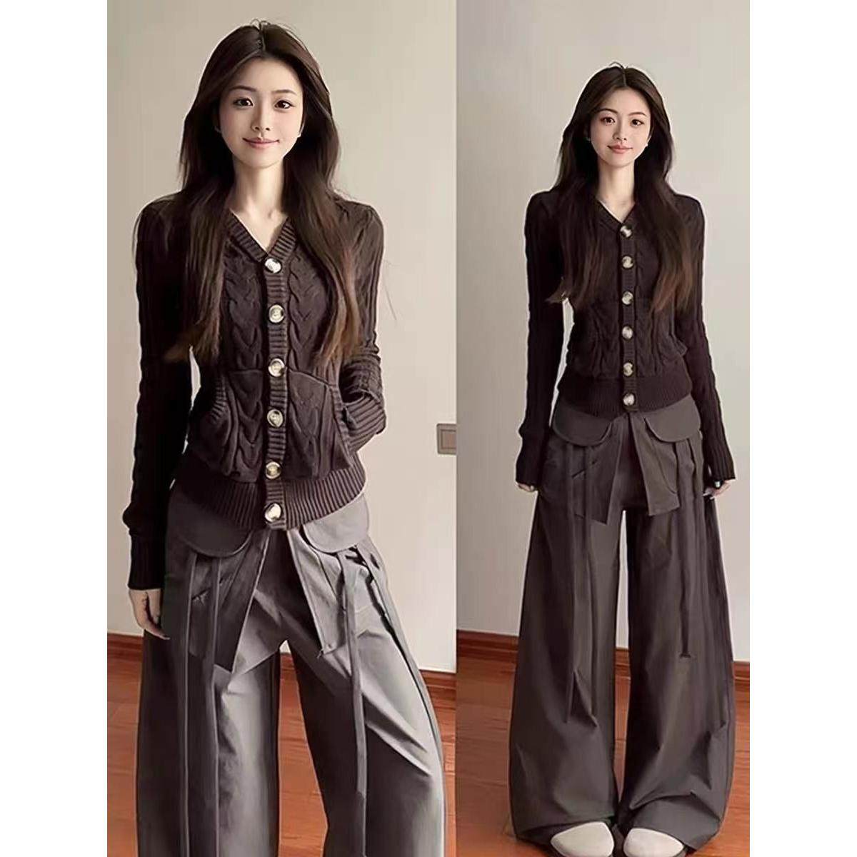 实价绵羊绒复古纽扣绞花棕色毛衣外套短款修身显瘦针织开衫女