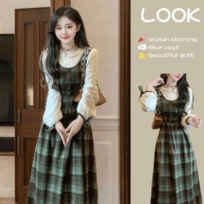 学院风假两件绿色格子连衣裙子秋冬季女装2025新款小个子穿搭长裙