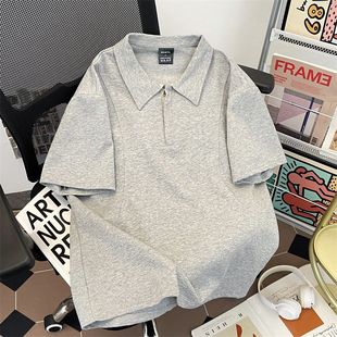 上衣服 美式 复古半拉链翻领短袖 T恤男夏季 潮牌宽松休闲百搭polo衫