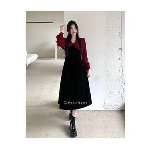 大码胖mm秋冬赫本风高腰连衣裙美式淑女显瘦遮肚子小个子长袖裙子