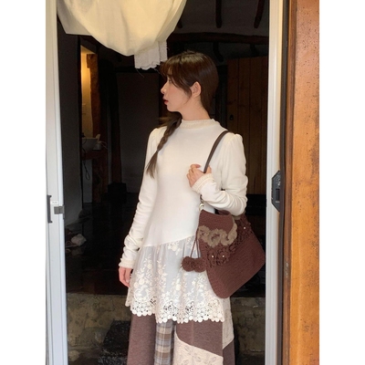 11德绒蕾丝花边下摆拼接T恤女秋冬季中长款打底衫半高领显瘦上衣
