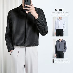 高级感轻奢衬衫男长袖宽松条纹衬衣外套韩版潮流春秋男装上衣寸衫
