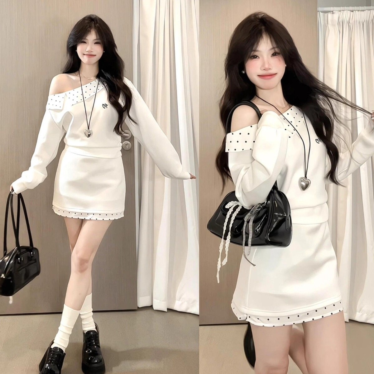 原版做法+白色波点斜肩露肩套装长袖T恤女上衣半身裙两件套