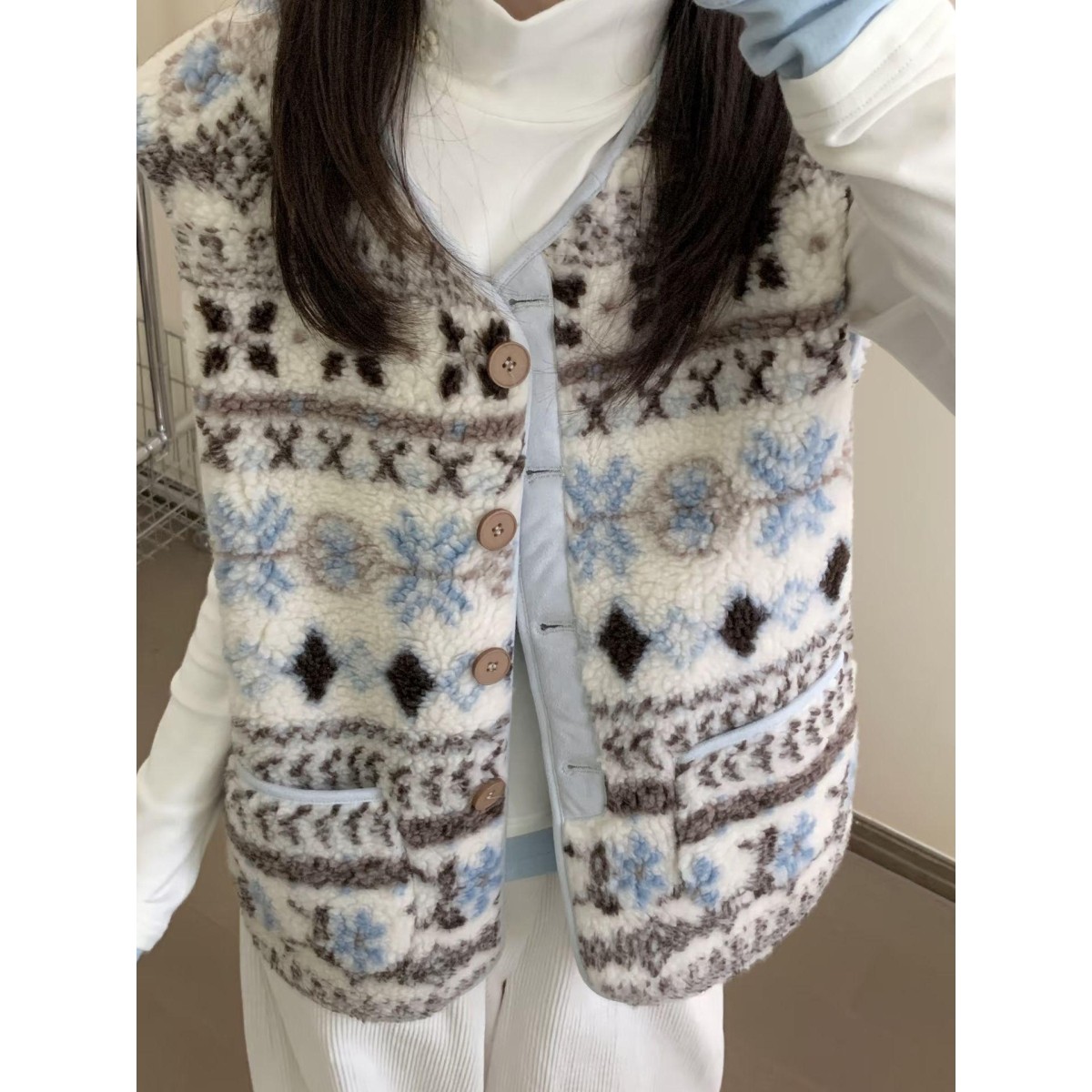 费尔岛羊羔毛马甲女秋冬韩系复古提花皮毛一体保暖巨好看背心外套