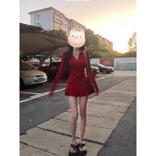 辣妹纯欲深V领长袖 两件套秋 t恤女polo领收腰显瘦上衣高腰百褶裙裤