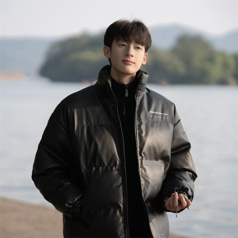 美式复古立领PU皮衣棉服男士冬季短款痞帅宽松加厚保暖面包服外套