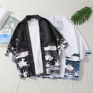 2025日系復(fù)古暗黑浮世繪道袍開衫 襯衣外 和服男女中國風(fēng)寬松七分袖