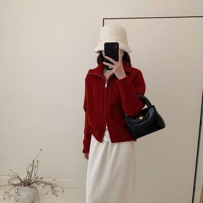 红色高领麻花拉链毛衣开衫女秋冬新款气质设计感短款翻领针织外套